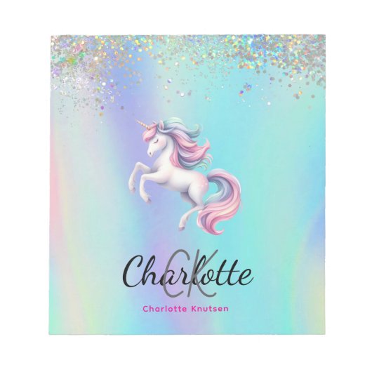Bloc-note Holographie rose unicorne violet retour à l'école (Devant)