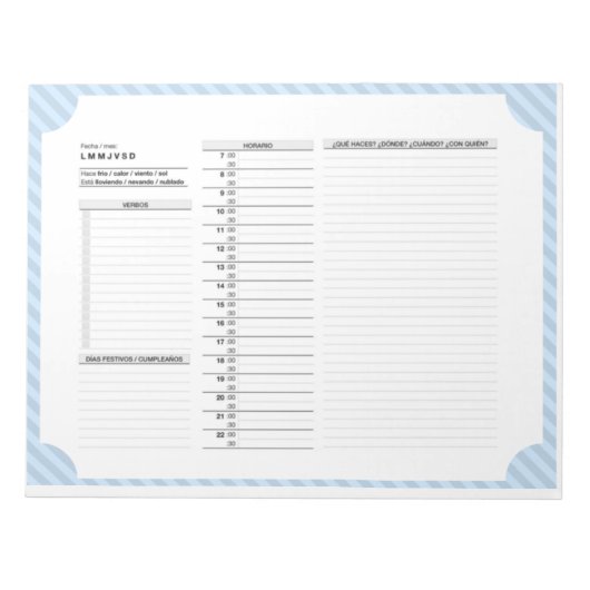 Bloc-note Horaire quotidien en espagnol avec verbes, Pratiqu (Devant)