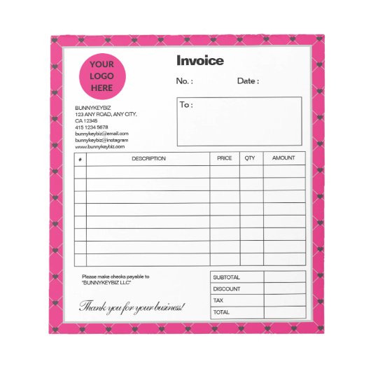 Bloc-note Hot Pink Black Plaid Company Business Invoice (Devant)