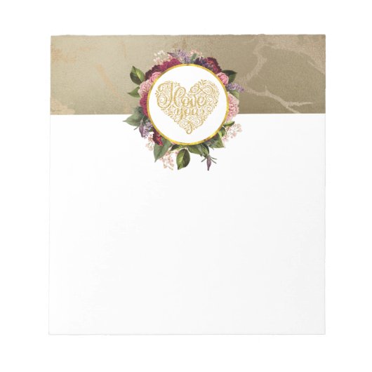 Bloc-note I Love You Fancy Golden Heart with Floral Frame (Devant)