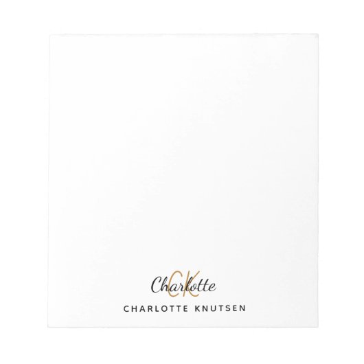 Bloc-note Initiales de monogramme script blanc noir (Devant)