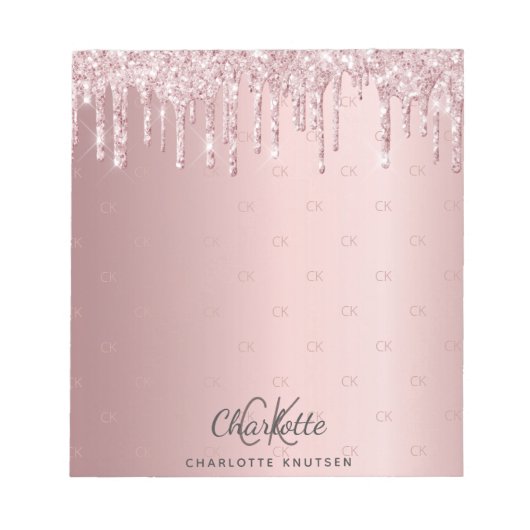 Bloc-note Initiales monogramme à gouttes scintillantes rose  (Devant)