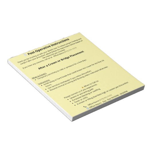 Bloc-note Instructions de poste dentaire (Couronne ou pont) (Incliné)