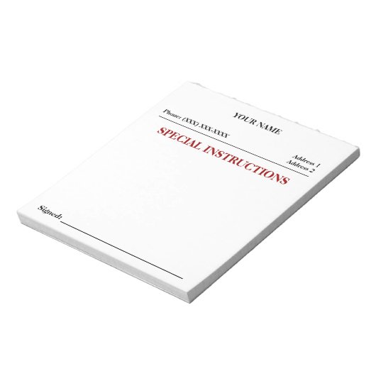 Bloc-note Instructions spéciales Slip Note Pad (blanc) (Tourné)