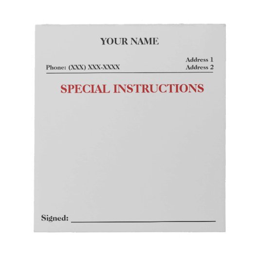 Bloc-note Instructions spéciales Slip Note Pad (Gris) (Devant)