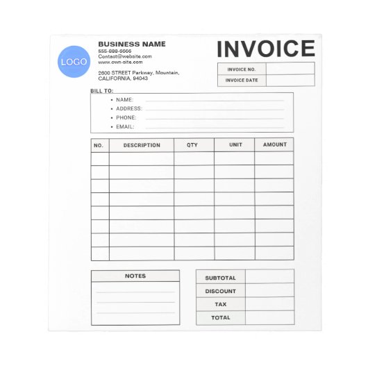 Bloc-note Invoice Order Form & Custom Small Business Logo (Devant)