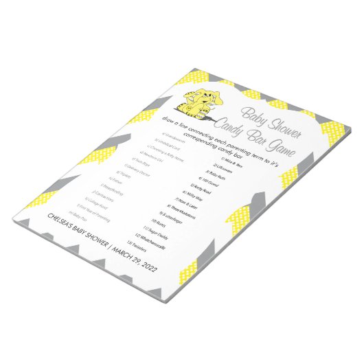 Bloc-note Jaune et gris Chevron Elephant Baby shower Jeu 2 (Incliné)