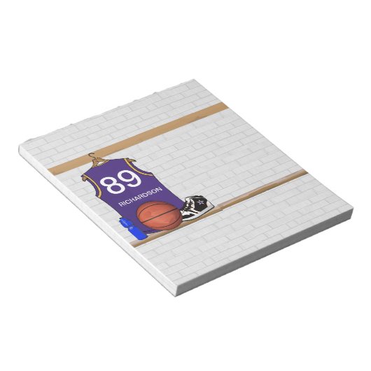 Bloc-note Jersey de basket-ball personnalisé violet et or (Incliné)