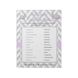 Bloc-note Jeu Baby shower Eléphant violet et gris