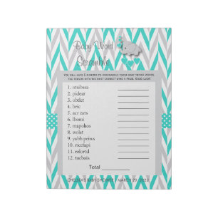 Bloc-note Jeu de Baby shower turquoise et gris éléphant