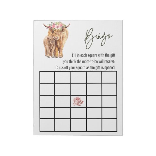 Bloc-note Jeu de Bingo Baby Shower Highland Cow (Tourné)