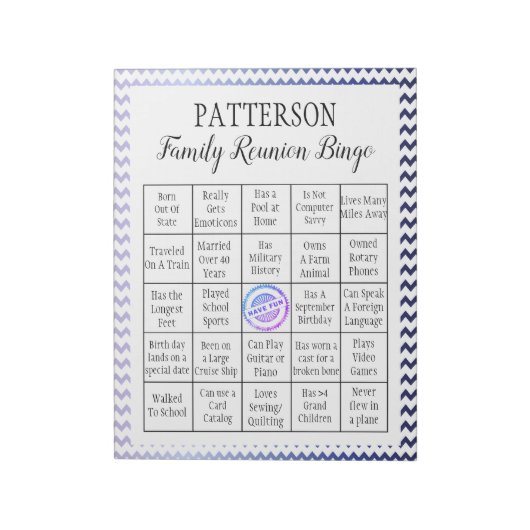 Bloc-note Jeu de Bingo de Réunion Familiale | Chevron (Tourné)