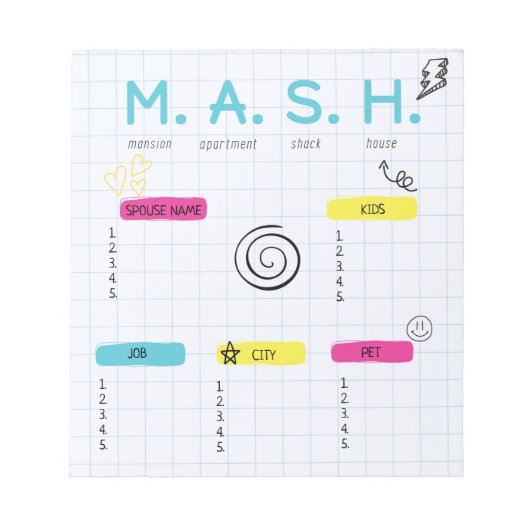 Bloc-note Jeu MASH, 90s Fête Favor (Devant)