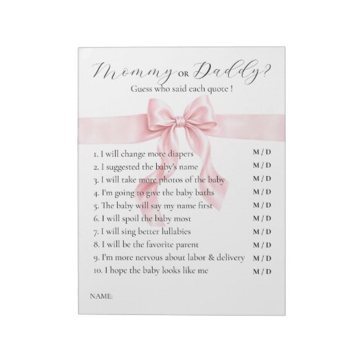 Bloc-note Jeu pour baby shower sur le thème de Ruban Rose: M (Tourné)