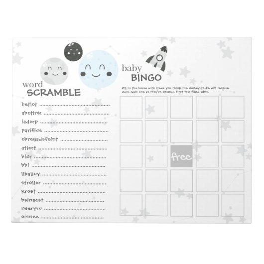 Bloc-note Jeux de Baby shower Cute Blue Kawaii Planet & Moon (Devant)