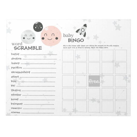 Bloc-note Jeux de Baby shower Cute Rose Kawaii Planet & Moon (Devant)