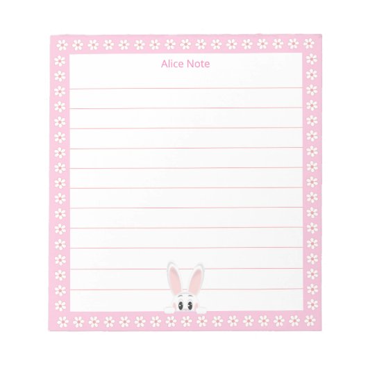 Bloc-note Joli lapin blanc et fleurs blanches sur ligné (Devant)