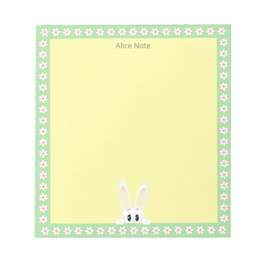 Bloc-note Joli lapin blanc et fleurs blanches sur simple jau (Devant)