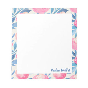 Bloc-note Joli motif floral aquarelle rose bleu nom