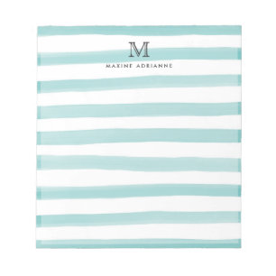Bloc-note Joli Turquoise Vert Aquarelle Rayures Monogramme