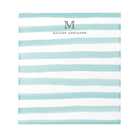 Bloc-note Joli Turquoise Vert Aquarelle Rayures Monogramme (Devant)