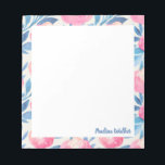 Bloc-note Jolie aquarelle motif floral rose Nom bleu<br><div class="desc">Un joli motif floral de jolies fleurs peintes avec des aquarelles dans les tons bleu et rose,  personnalisées avec votre nom. Veuillez me contacter pour toute question ou demande.</div>
