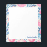 Bloc-note Jolie aquarelle motif floral rose Nom bleu<br><div class="desc">Un joli motif floral de jolies fleurs peintes avec des aquarelles dans les tons bleu et rose,  personnalisées avec votre nom. Veuillez me contacter pour toute question ou demande.</div>
