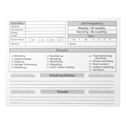 Bloc-note Journal du client du service d'entretien de pelous (Devant)