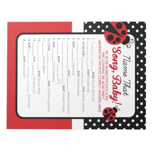 Bloc-note Ladybug Nom Que Chanson Baby shower Jeu (Devant)