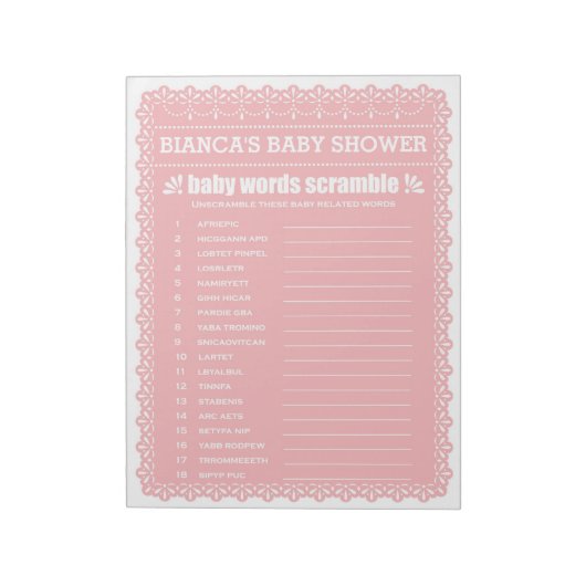 Bloc-note Le mot Scramble Pink Papel Picado Baby shower (Tourné)
