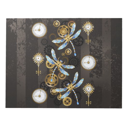 Bloc-note Libellules Steampunk sur fond rayé marron (Devant)