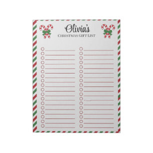 Bloc-note Liste de cadeaux de Noël personnalisée avec canne