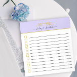 Bloc-note Liste de contrôle Lilac et Gold à faire personnali<br><div class="desc">Simple et élégant à faire liste, en lilas et or tendance. Le modèle est configuré pour que vous personnalisiez la liste de vérification avec votre nom et vous pouvez également customiser le titre, qui se lit actuellement "liste d'activités d'aujourd'hui" si vous le souhaitez. La conception comprend des lignes et des...</div>