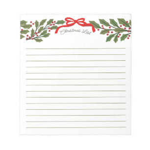 Bloc-note Liste de Noël Ruban Rouge et Guirlande de Houx