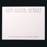 Bloc-note Liste de noms élégante Lover Pastel Rose Minimalis<br><div class="desc">Élégant design, élégant et minimaliste, look bloc-notes personnalisé pour le fabricant de listes sans excuses. Délicate élégante arrière - plan féminine rose pastel et classe typographie dorée et marron marron. Ajoutez votre nom et le texte personnalisé, par exemple la phrase amusante qui dit citer LIST LOVER, TOUJOURS qui résonne si...</div>