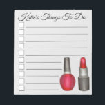 Bloc-note Liste Personnalisée Red Lipstick Clou Polonais à f<br><div class="desc">Le design de la tablette de style Liste présente une illustration originale d'un tube de rouge à lèvres et d'une bouteille de vernis à ongles rouges. Parfait pour tous les fashionistes ou amateurs de maquillage. Personnalisez simplement vos informations. De nombreux autres blocs-notes illustrés sont également disponibles dans cette boutique. Cette...</div>