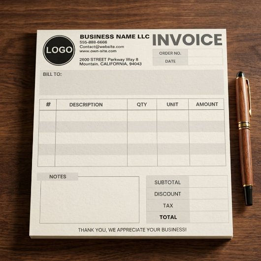 Bloc-note Logo personnalisé, Facture simple de commande de f