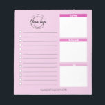 Bloc-note Logo Pink Custom Business site Web Promotions<br><div class="desc">Faites la promotion de votre entreprise grâce à notre Bloc-notes promotionnel Pink Custom Business Logo Website. Ce bloc-notes pratique et élégant est le cadeau idéal pour vos clients, clients, employés et vendeurs, les aidant à rester organisés et productifs. La conception du pavé détachable permet une utilisation facile et pratique, ce...</div>