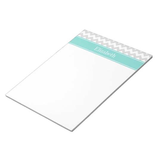 Bloc-note Lt Gray Wht Chevron ZigZag Aqua Nom Monogram (Incliné)