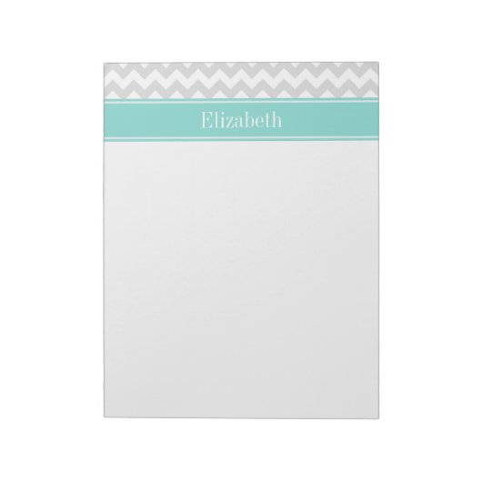 Bloc-note Lt Gris Chevron Blanc ZigZag Aqua Monogramme Nom (Tourné)