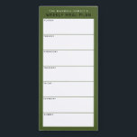 Bloc-note Magnétique Olive Green Minimalist Simple Family Repas Plannin<br><div class="desc">Écrivez vos dîners sur cette tablette magnétique pour une façon simple de planifier les repas de la semaine et collez-les sur votre réfrigérateur, porte de garde ou centre de commande. La disposition simple et moderne en terre vert olive, noir et blanc avec fontes sans serif séduira tous les planificateurs de...</div>