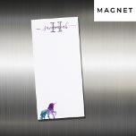 Bloc-note Magnétique unicorne violette nom monogramme rose blanc<br><div class="desc">Une licorne d'imaginaire turquoise, violette et un peu rose. Fond blanc. Personnalisez et ajoutez votre nom et votre lettre monogramme en violet et gris. Le nom est écrit avec un script de style à la main tendance avec des swashes. Pour que les swashes ne suppriment que le nom de l'échantillon,...</div>