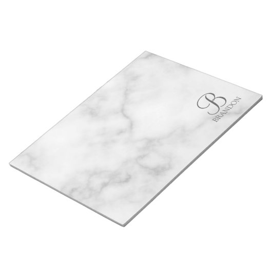 Bloc-note Marbre Blanc Monogramme de Script Personnalisé et  (Incliné)