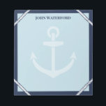 Bloc-note Marine Ancre & Rope Nautical Ajouter Votre Nom<br><div class="desc">Bloc-notes nautique dans les tons bleus avec bordure bleu marine, détails de corde blanche, une ancre pâle, et votre nom. Ajoutez des notes et des choses à retenir dans ce bloc-notes à thème d'ancrage aux couleurs nautiques et personnalisées avec votre nom. Un bloc-notes pour le capitaine dans votre vie avec...</div>