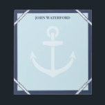 Bloc-note Marine Ancre & Rope Nautical Ajouter Votre Nom<br><div class="desc">Bloc-notes nautique dans les tons bleus avec bordure bleu marine, détails de corde blanche, une ancre pâle, et votre nom. Ajoutez des notes et des choses à retenir dans ce bloc-notes à thème d'ancrage aux couleurs nautiques et personnalisées avec votre nom. Un bloc-notes pour le capitaine dans votre vie avec...</div>