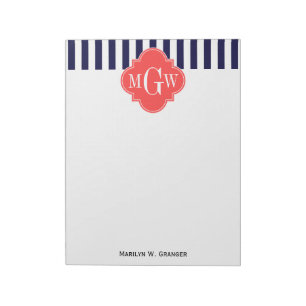 Bloc-note Marine Blancs Corail Rouge Quatrefoil 3 Monogramme