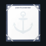 Bloc-note Marine Blue Ancre & Rope Nautical Ajouter Votre No<br><div class="desc">Bloc-notes nautique avec bordures bleu marine, détails de corde blanche, une ancre pâle, et votre nom. Ajoutez des notes et des choses à retenir dans ce bloc-notes à thème d'ancrage aux couleurs nautiques et personnalisées avec votre nom. Un bloc-notes pour le capitaine dans votre vie avec une corde, une ancre...</div>