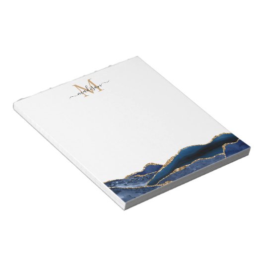Bloc-note Marine Blue Gold Agate Geode Girl Script Monogramm (Incliné)