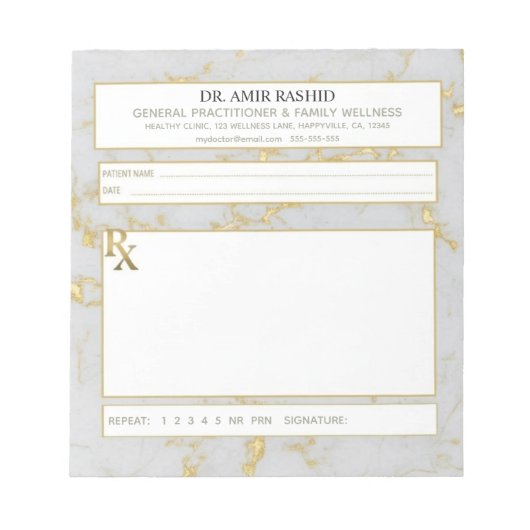 Bloc-note Matte Gold White Grey Marble Doctor Prescription (Devant)