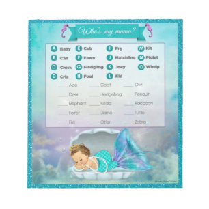 Bloc-note Mermaid Baby shower animal match jeu#130 40feuille